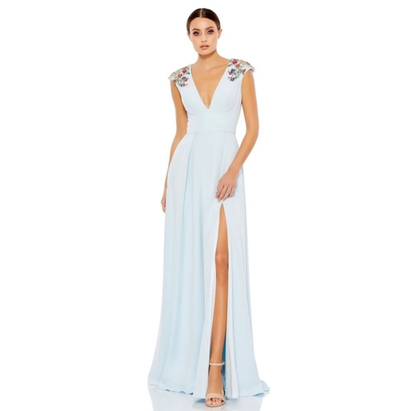 Ieena for Mac DuggalBeaded Cap Sleeve V Neck A Line Gown Powder Blue FLAWED